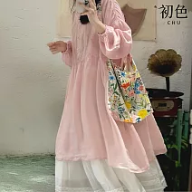 【初色】森林系純色垂感顯瘦寬鬆圓領落肩長袖襯衫長裙連衣裙連身洋裝-粉色-11899(M-2XL可選) M 粉色