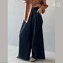 【衣途】設計感不對稱斜門襟寬褲(KDPY-B781) M 黑色