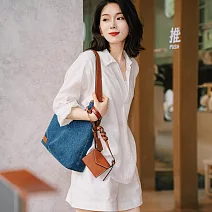 【初色】簡約棉麻風翻領單排釦長袖襯衫上衣女上衣+純色口袋休閒褲短褲套裝-白色-13755(M-2XL可選) M 白色