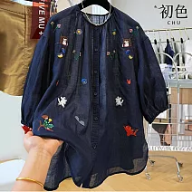 【初色】韓版純色童趣圓領刺繡七分袖上衣女上衣-共2色-13691(M-2XL可選) M 藏青色