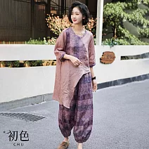 【初色】復古不規則剪裁拼接長袖T恤上衣女上衣+綁帶鬆緊腰束口休閒褲寬褲長褲套裝-紫色-13770(M-2XL可選) M 紫色