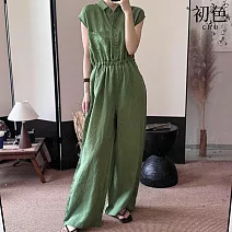 【初色】簡約棉麻風翻領工裝寬鬆顯瘦鬆緊腰短袖連身連體褲-共2色-13771(M-2XL可選) M 綠色