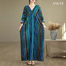 【AMIEE】藍條紋印花寬鬆顯瘦連衣裙洋裝(KDDY-7702) FREE 藍條紋