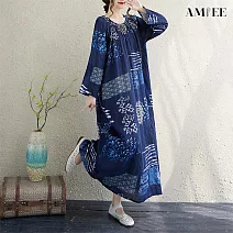 【AMIEE】慵懶度假風長袖連衣裙洋裝(KDDY-8809) FREE 藍色