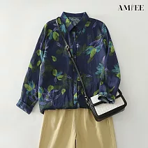 【AMIEE】棉麻長袖寬鬆襯衫上衣(KDTY-5082) FREE 藏青綠花