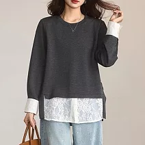 【MsMore】 時尚蕾絲假兩件圓領長袖大碼上衣# 125550 M 灰色
