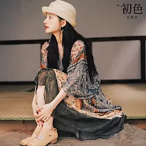 【初色】復古風印花V領七分袖收腰寬鬆中長連衣裙連身洋裝-花色-14604(M-L可選) M 花色