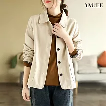 【AMIEE】休閒Polo領長袖短外套(KDCQ-443) L 米白色