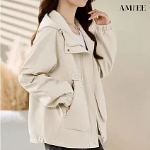【AMIEE】時尚休閒寬鬆連帽風衣外套(KDCQ-070) M 米白色