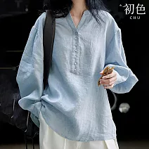【初色】亞麻風防曬寬鬆休閒長袖排扣V領襯衫上衣女上衣-藍色-14935(M-2XL可選) M 藍色