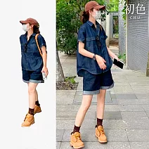 【初色】港式復古風開領短袖牛仔外套+寬鬆顯瘦短褲套裝-藍色-14967(M-3XL可選) M 藍色