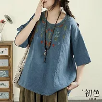 【初色】民族風復古棉麻刺繡大碼休閒圓領五分短袖T恤上衣女上衣-共5色-13963(M-4XL可選) M 藍色