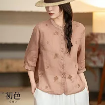 【初色】復古棉麻風花朵刺繡薄款透氣單排扣寬鬆七分袖襯衫上衣-共6色-13972(M-3XL可選) M 皮粉色