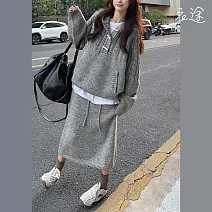 【衣途】高級感寬鬆連帽絞花毛衣半身裙套裝(KDAQ-030) FREE 灰色