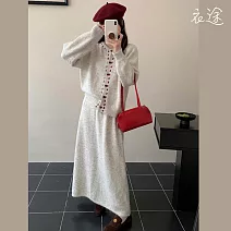 【衣途】復古毛衣開襟衫半身裙套裝兩件套裝(KDAQ-081) FREE 杏色