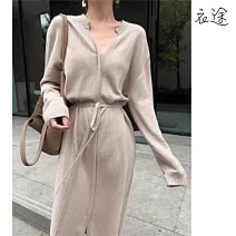 【衣途】收腰落肩長袖純色中長裙(KDSQ-102) FREE 杏色