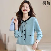 【初色】法式小香風氣質綁帶圓領長袖排釦開衫針織衫毛衣上衣女上衣-共3色-15439(F可選) F 藍色