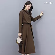 【AMIEE】長袖洋裝中長A字裙(KDSQ-249) M 咖啡色