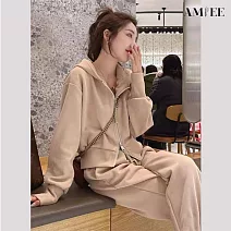 【AMIEE】顯瘦長褲休閒百搭運動套裝(KDAQ-743) M 杏色
