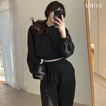 【AMIEE】連帽衛衣長褲運動套裝(KDAQ-332) XL 黑色