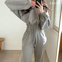 【AMIEE】連帽衛衣長褲運動套裝(KDAQ-332) L 灰色