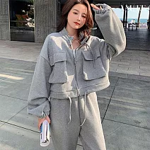 【AMIEE】立領休閒運動薄款衛衣兩件套(KDAQ-527) M 灰色