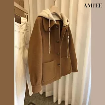 【AMIEE】針織連帽假兩件加厚上衣(KDTQ-202) XL 咖啡色