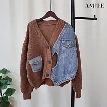 【AMIEE】拼接牛仔毛衣外套(KDCQ-954) FREE 咖色
