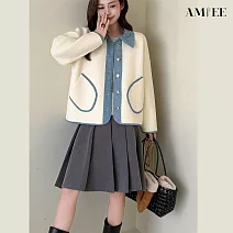 【AMIEE】拼接牛仔針織翻領毛衣外套(KDCQ-493) FREE 米白色