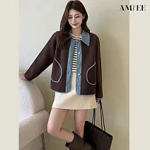 【AMIEE】拼接牛仔針織翻領毛衣外套(KDCQ-493) FREE 咖色