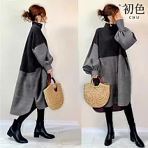 【初色】日系高領長袖撞色拼接不規則中長裙連身裙-灰色-15982(M/L可選) L 灰色