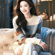 【MsMore】 白色條紋馬海毛衣軟糯甜美針織衫上衣# 126399 FREE 白色