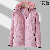 【初色】休閒戶外迷彩連帽拉鍊長袖防潑水防風登峰衣外套女外套-共2款7色-16518(M-4XL可選) M 女款-粉色