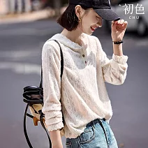 【初色】法式氣質純色蕾絲鏤空半門襟三粒扣連帽長袖針織衫上衣女上衣-米白色-16320(F可選) F 米白色