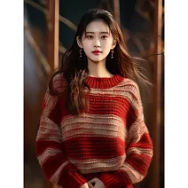 【MsMore】 聖誕新年紅色撞色條紋毛衣寬鬆加厚針織上衣# 126433 FREE 紅色