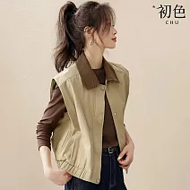 【初色】休閒復古撞色拼接燈芯絨寬鬆翻領無袖馬甲外套背心女背心-卡其色-16398(M-3XL可選) L 卡其色