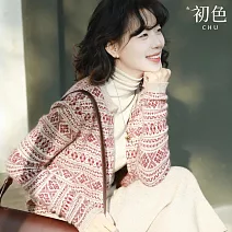 【初色】復古文藝緹花拼接撞色單排釦圓領長袖針織開衫外套女外套-共2色-16129(F可選) F 粉色