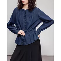 【ACheter】 復古牛仔襯衫圓領木耳邊裝飾抽繩上衣# 126512 M 牛仔藍色