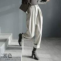 【初色】簡約純色垂墜感毛呢顯瘦闊腿哈倫西裝褲寬褲九分長褲-共2色-16423(M-2XL可選) M 米白色