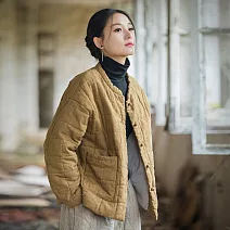 【ACheter】 夾棉襖棉服圓領時尚文藝短版外套# 126272 M 黃色