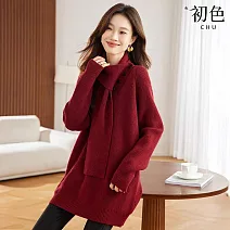 【初色】韓系慵懶純色軟糯寬鬆圍巾領中長款長袖毛衣上衣女上衣-共3色-16635(F可選) F 紅色