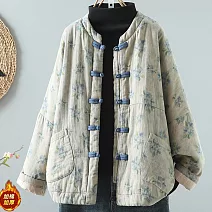 【ACheter】 中國風棉麻印花盤扣立領厚外套棉服# 126603 M 藍色