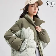 【初色】韓版潮流寬鬆厚款短款拼接撞色圖案線條印花立領長袖羽絨棉外套女外套-共4色-16595(M-2XL可選) 2XL 綠色