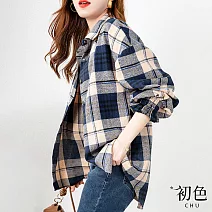 【初色】寬鬆復古格紋格子翻領排扣抽皺花邊長袖襯衫上衣女上衣-共2色-32185(M-2XL可選) M 藍格