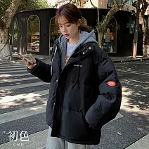 【初色】韓系假兩件保暖連帽抽繩拉鍊雙口袋長袖羽絨外套女外套-共4色-16610(M-2XL可選) M 黑色