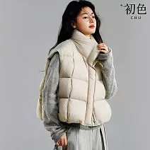 【初色】休閒洋氣加厚保暖純色立領無袖羽絨馬甲背心外套女外套-共3色-16538(S/M可選) S 米白色