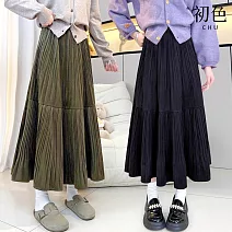 【初色】文藝風純色金絲絨鬆緊高腰顯瘦A字百褶中長裙半身裙長裙-共6色-16570(M-2XL可選) M 黑色