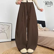 【初色】純色高腰鬆緊腰口袋綁繩垂感彎刀褲闊腿褲休閒褲寬褲長褲-共4色-16569(M-XL可選) M 深咖色