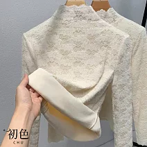 【初色】日系氣質鉤花蕾絲修身立領長袖保暖內搭打底衫發熱衣上衣女上衣-共2色-16837(M-3XL可選) M 杏色