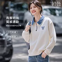 【初色】翻領長袖蝴蝶結刺繡撞色假兩件拼接造型上衣女上衣-米色-16786(M-2XL可選) M 米色